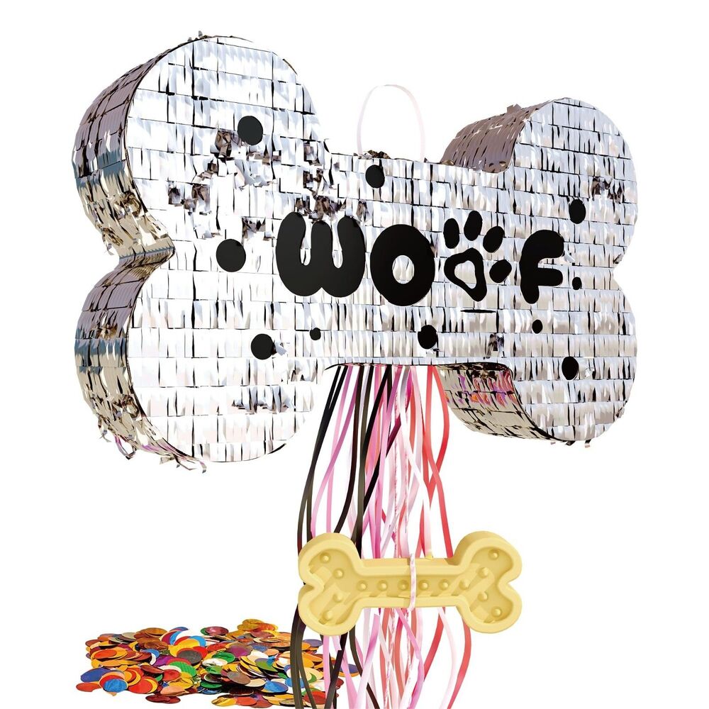 Dog Bone Pinata with Pull Strings for Puppy Birthday Decorations, Silver